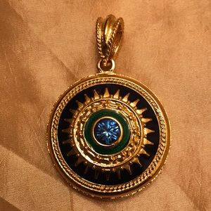Round Pendant Blue Enamel With Gold Accent